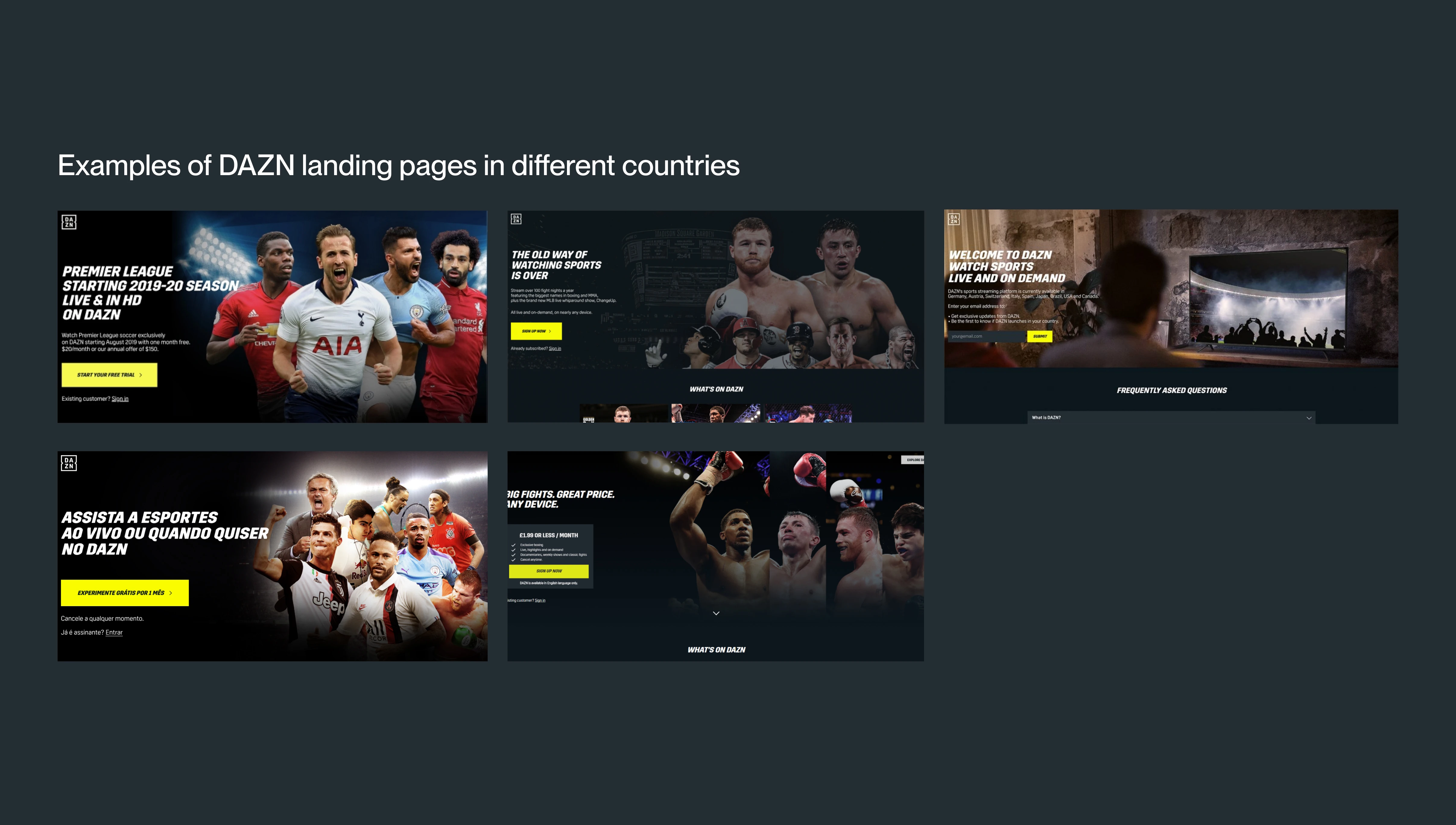 Examples of DAZN landing pages in different countries